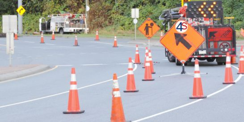 Roadside safety measures implemented in a temporary work zone.